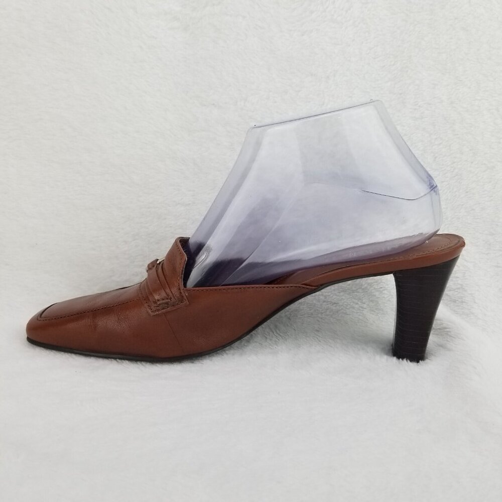 ✅Womens 7.5M Michelle D Brown Leather 3" Heeled Mules Slides D-Ring Strap Accent - Picture 13 of 13
